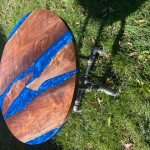 Solid Walnut & blue epoxy 39" table with industrial pipe legs