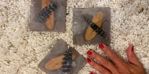 turkey feather & wood sliver coasters