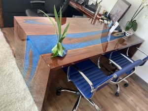 Custom 6' walnut desk with blue epoxy and waterfall edges
